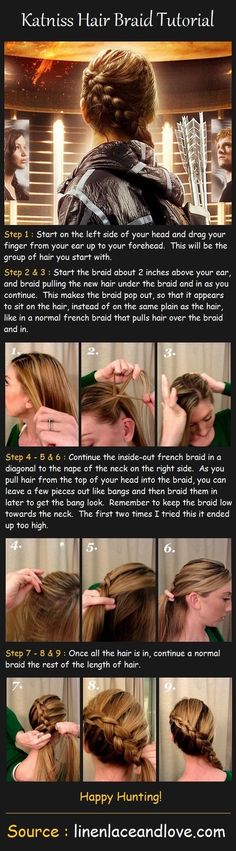 Hunger Games - Katniss Everdeen braid. I am obsessed with side braids and I have always wanted to know how to do her braid. Katniss Everdeen Braid, Katniss Hair, Katniss Braid, Caring For Colored Hair, Braid Tutorial, Braid Hair, Braided Hairstyles Tutorials, Mockingjay