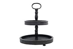 three tiered tray with black handles and wheels on each side, one holding a circular object