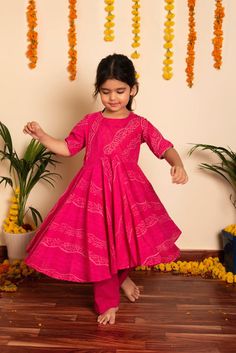 Description: Kurta: Cotton ; Pant: Cotton; Dupatta: soft net. Color: pink No Embroidery Gotta lace work Set Includes: Kurta, Pant, and Dupatta Care: Easy wash Availability: Made to Order SKU#: 11434011PK Disclaimer: There may be slight difference in actual product color compared to product images. Kids Kurti Girls Design, Bandhej Print, Pink Kurti, Salwar Kurta, Kids Ethnic Wear, Kurta Cotton, Cotton Anarkali, Kurta Patterns, Cotton Dupatta