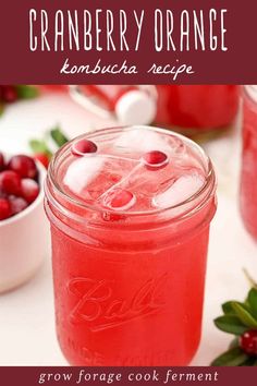 cranberry orange kombucha recipe in a mason jar