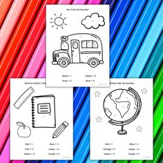 three coloring pages with the words back to school and an image of a bus on it