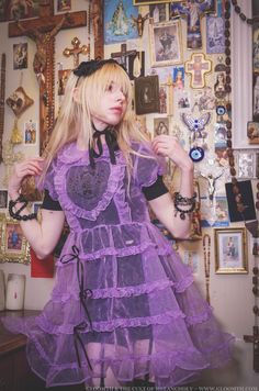 "Gloomth & the Cult of Melancholy \"Periwinkle\" Dress In stock and ready to ship! Like a carpet of tiny purple flowers at the foot of a tombstone. Our \"Periwinkle\" Babydoll dress is a pastel purple version of our \"Licorice\" dress! We only have a few in this colorway this time. *The color is most accurately depicted in the mannequin photos. Tinted lights during shoots can alter the hue a little in the modeled photos. -Sheer pastel lavender organza fabric. It has no stretch so please check th Backless Short Dress, Periwinkle Dress, Haunted Doll, Purple Gothic, Pastel Lavender, Lavender Dress, Sheer Gown, Dark Blue Dress, Satin Ribbon Bow