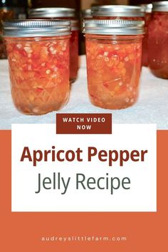 two jars filled with jelly sitting on top of a table next to each other and the words, apricot pepper jelly recipe