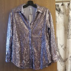 Ny Collection New With Tags Elegant Long Sleeve Sequin Shirt, Formal Long Sleeve Tops For Party Season, Spring Party Shirt With Sequins, Sequin Party Shirt For Spring, Fitted Sequin Shirt For Spring, Chic Fall Shirt For Parties, Chic Shirt For Fall Party, Chic Fall Party Shirt, Chic Party Shirt For Fall