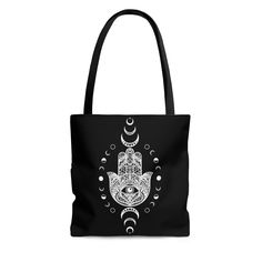 Hamsa Tote Bag Featuring Sun and Moon Phases Design" Gift Beach Tote Bag With Adjustable Strap, Gift Beach Tote With Adjustable Strap, Rectangular Beach Bag With Adjustable Strap As Gift, Adjustable Strap Tote Beach Bag Gift, Sun And Moon Phases, Moon Phases Design, Art Tote Bag, Weekend Bag, Market Tote