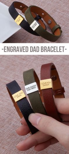 three different types of leather bracelets with gold and silver tags on them, one is brown