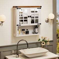 a white sink sitting under a bathroom mirror next to a wall mounted cabinet with bottles on it