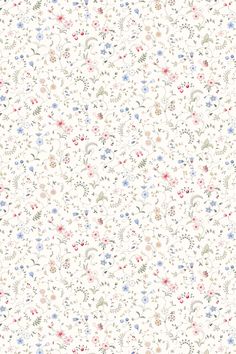 a white wallpaper with small flowers and leaves on the top right hand corner, in various colors