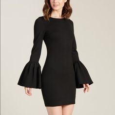 Bell Sleeves Lend Retro Glamour To This Polished Dress Cast In A Solid, Versatile Hue. Size S: 34'' Long From High Point Of Shoulder To Hem Self: 65% Rayon / 30% Nylon / 5% Spandex Lining: 100% Polyester Polished Dress, Black Bell Sleeve Dress, White Crochet Dress, Floral Print Dress Summer, Bodycon Dress Formal, Retro Glamour, Scalloped Dress, White Dress Party, Floral Embroidered Dress