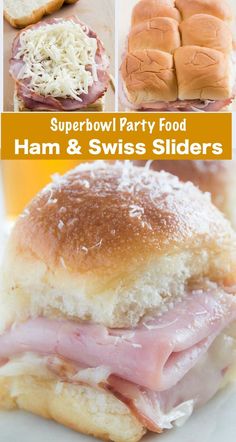 ham and swiss sliders on a white plate with text that reads super bowl party food