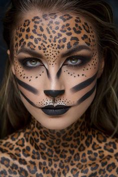 63 Halloween Makeup Ideas for Any Themed Party in 2024 Cougar Halloween Makeup, Cougar Face Paint, Animal Print Face Paint, Leopard Print Face Paint, Leopard Makeup Halloween Easy, Leopard Make Up Halloween, Leopard Print Makeup Halloween, Diy Cheetah Costume Women, Leopard Makeup Look