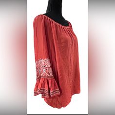 New With Tags!!! Stunning Lightweight Top! Boho!! Beautiful Embroidered Sleeves! Size 3x Can Wear As Oversized! Peasant Shirt! Super Flowy!! Your Go-To Summer Style!!! The Perfect Festival Blouse!! Fast Shipping A-1 Red Tops With Embroidered Sleeves For Spring, Red Bohemian Top With Embroidered Hem, Bohemian Red Top With Embroidered Hem, Bohemian Red Tops With Embroidered Hem, Red Embroidered Folk Peasant Top, Folk Style Embroidered Red Peasant Top, Red Floral Embroidered Peasant Top, Red Peasant Top With Floral Embroidery, Red Long Sleeve Peasant Top With Floral Embroidery