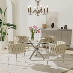 a glass table with chairs around it in a white living room filled with plants and flowers