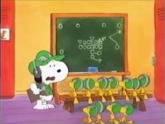 a cartoon dog is standing in front of a blackboard with green letters on it