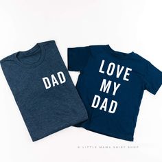 *Please note that our adult NAVY and RED shirts are heathered, while the child shirt is a solid blend. There may be some variation in colors among tees from child to adult size in sets, but the navy and red most notable. All Little Mama shirts are unisex sizing. They run slightly larger than typical women's shirts and slightly smaller than typical men's shirts. If men are in between two sizes, they will normally prefer the larger option. Please reference all size charts before purchasing. Matching Dad And Son Shirts, Family Matching Relaxed Fit T-shirt For Father's Day, Family Matching T-shirt For Father's Day, Father's Day Personalized Matching T-shirt, Blue Relaxed Fit T-shirt For Father's Day, Red Shirts, I Love My Dad, The Navy, Mama Shirts