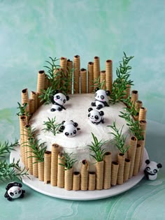 a cake decorated with bamboo sticks and pandas on top is sitting on a plate