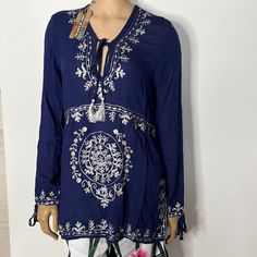 Nwt Mix Nouveau Ny Boho Embroidery Tunic Split Neck Top; Blue Size Medium Bohemian Blue Tops With Intricate Embroidery, Blue Bohemian Embroidered Top, Summer Blue Embroidered Top With Chikankari, Blue Bohemian Top With Intricate Embroidery, Summer Blue Chikankari Embroidered Top, Blue Chikankari Embroidered Top For Summer, Blue Folk Style Top With Embroidered Hem, Blue Folk Style Embroidered Long Sleeve Top, Blue Long Sleeve Top With Resham Embroidery