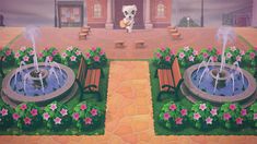 an animal crossing the street in front of a fountain with flowers and benches around it