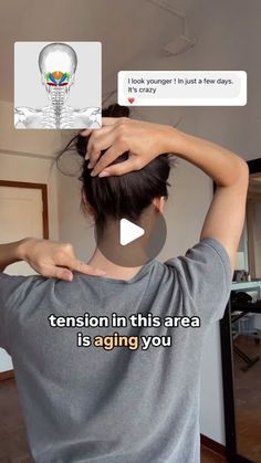 a person with their head in his hands and the caption reads, tension in this area is aging you