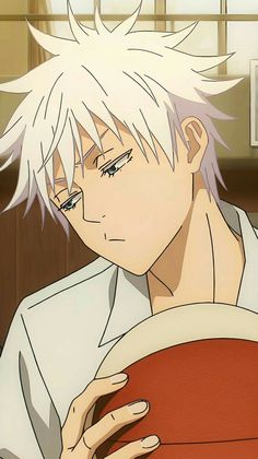 an anime character with white hair holding a basketball in his hand and looking at the camera