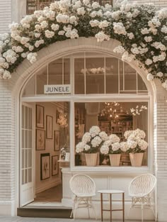 two chairs sitting in front of a flower shop