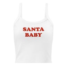 Cami with Santa Baby text. • 52% Airlume combed and ring-spun cotton, 48% polyester • Athletic Heather colors are 90% Airlume combed and ring-spun cotton and 10% polyester • Fabric weight: 5.4 oz./yd.² (183 g/m²) • Yarn diameter: 32 singles • 1 × 1 micro rib • Pre-shrunk • Stretch fit • Mid-length • Thick straps • Scoop neck • Side-seamed construction • Blank product sourced from NicaraguaSize guide A (inches) B (inches) XS 12 ¼ 12 ¼ S 12 ⅝ 14 M 13 14 ¾ L 13 ⅜ 15 ¾ XL 13 ¾ 16 ¾ 2XL 14 ⅛ 17 ¾ A ( Red Cotton Tank Top With Letter Print, Fitted White Tank Top With Text Print, White Fitted Tank Top With Text Print, Basic Cotton Tank Top With Letter Print, White Cotton Tank Top With Text Print, White Cotton Slogan Tank Top, White Cotton Tank Top With Logo Print, Santa Baby, Mid Length