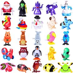 there are many different toy animals on this white background