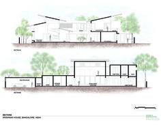 two drawings of houses with trees in the middle and one on the other side,