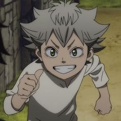 an anime character with grey hair and green eyes pointing at the camera while wearing a white shirt