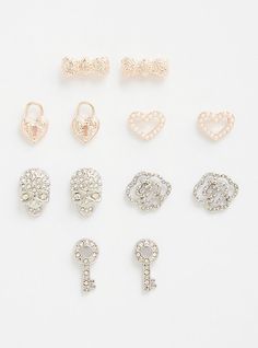 Put a little pizzazz into your earring routine. Pavé stones illuminate aww-dorable studs - from bedazzled skulls to textured bows. Set of 6. Base metals. Imported. The best plus size women's pavé heart skull key earring set earrings sets in silver. Torrid is your destination for the freshest spring and summer styles. Silver Studs Jewelry For Party, Silver Stud Jewelry For Parties, Metal Studs Jewelry As Gift, Metal Studs Jewelry For Gifts, Heart Skull, Affordable Plus Size Clothing, Trendy Plus Size Fashion, Accessories Jewelry Earrings, Base Metal