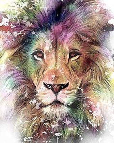 a painting of a lion's face with colorful paint splatters on it