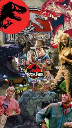 collage of dinosaurs, people and cars in front of an advertisement for dinosaur park