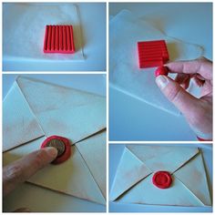 the instructions for how to make an envelope with red wax and glue on it, including buttons