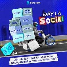 a person riding a motorcycle with stacks of boxes on it's back and the words day la social written in different languages