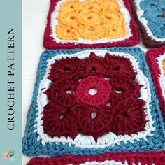 four crocheted squares are arranged on a table