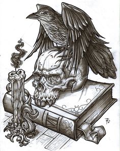 a drawing of a bird sitting on top of a book with a skull in it