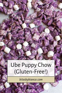 purple puppy chow with marshmallows and text overlay that reads, ube puppy chow gluten - free