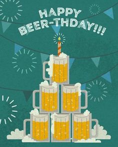 a birthday card with beer mugs stacked on top of each other