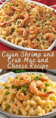 shrimp and crab macaroni and cheese recipe with text overlay