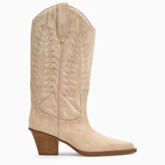 Ecru-coloured leather Texan boot from Paris Texas featuring a pointed toe design, a stiff shaft, a wide heel and a leather sole. Camel Ankle Boots, Roxy Boots, Pink Mules, Beige Boots, Wide Heels, Silver Pumps, Paris Texas, Leather Boots Women, White Boots