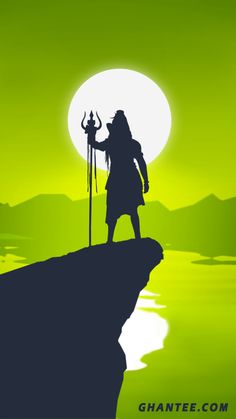 the silhouette of a man standing on top of a cliff with a spear in his hand