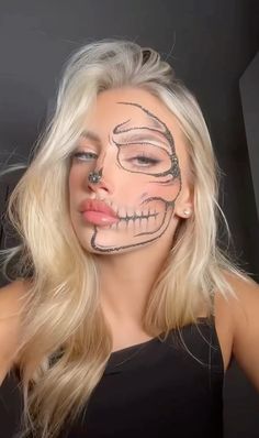 halloween skull makeup | owners tiktok users: @lilyratttttttttttt @lilyrowland1 🖤 Pretty Skull Makeup Halloween, Halloween Makeup Ideas Skeleton, Skeleton Makeup Halloween Costume, Pretty Skeleton Makeup Halloween, Diy Skull Makeup, Simple Face Makeup For Halloween, Cowgirl Skeleton Makeup, Easy Skull Face Makeup, Women Skull Makeup