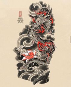 Dragon Tattoo Leg, Japanese Cloud Tattoo, Koi Dragon Tattoo, Pirate Skull Tattoos, Dragon Head Tattoo, Tibetan Dragon, Dragon Sleeve, Samurai Tattoo Design