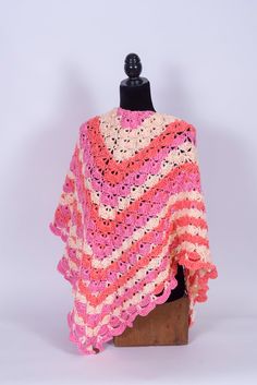 A more traditional style of shawl with its triangular shape. Still classical looking as well as beautiful. And we can't forget just how wonderfully soft and cuddly this shawl is either. This piece will work for teens as well as adults. Brooch not included in sale. Size: 64" across at its widest           29" long at the middle All in stock items are ready to ship, no waiting. All items will arrive freshly washed and all items are individually packaged. I offer nice array of hats to go with your new shawl, https://www.etsy.com/shop/babychildblankets/?section_id=33146977 Not yet sold on this style of shawl, I have several others, https://www.etsy.com/shop/babychildblankets/?section_id=33053572 Might I recommend taking a look at all that I have, CuddleMeSoftlyDaily.etsy.com Pink One Size Shawl Poncho, Handmade Pink Shawl For Spring, Pink Crochet Shawl One Size, Pink Crochet Shawl, Triangle Shawl, Triangle Shawls, Peaches N Cream, Shawls And Wraps, Retro Inspired