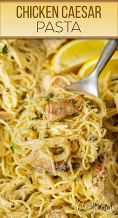 Angel hair pasta with chicken and slices of lemon. Cooked Pasta Recipes, Chicken Caesar Pasta, Caesar Pasta, Creamy Parmesan Sauce, Blackened Chicken, Chicken Caesar, Angel Hair Pasta