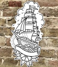 a sticker depicting a ship with a banner on it