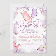 a pink and purple butterfly birthday party card