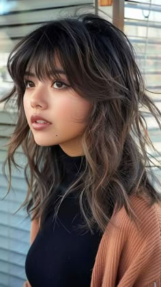 25 Layered Haircuts to Embrace Your Unique Style in 2024 Long Bangs With Layered Hair, Thick Bangs With Layers, Trending Haircuts Medium Length, Cute Bangs Hairstyles Long Hair, Asymmetrical Lob With Bangs, Shaggy Haircuts Thick Hair, Shag Hair With Highlights, Shag Haircut Updo, Feather Layer Haircut Medium