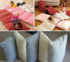 These DIY pillow beds look so comfy and the kids will love them for family movie nights. Diy Futon, Backrest Pillows, Pillow Mattress, Futon Covers, Old Pillows, Kids Bean Bags, Pillow Tutorial, Pillow Bed, Diy Flooring