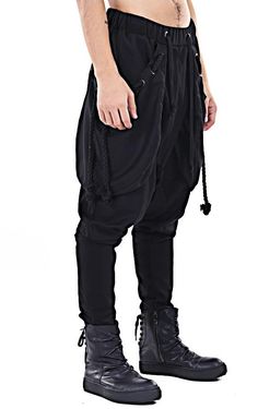 Dark Black Men's Loose Casual Drop Crotch Harem Pants / Casual Black Pants Harem Casual Jersey Jogging Techwear Harem Pants, Black Harem Pants In Lagenlook Style, Black Harem Pants Lagenlook Style, Baggy Black Tapered Leg Harem Pants, Black Harem Parachute Pants With Pockets, Black Cotton Lagenlook Bottoms, Black Lagenlook Cotton Bottoms, Lagenlook Black Pants With Loosely Fitted Hips, Black Wide Leg Lagenlook Pants